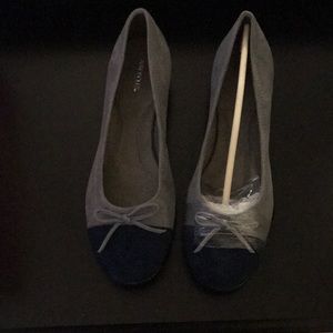 Two-Tone Gray and Navy Suede Ballet Flats
